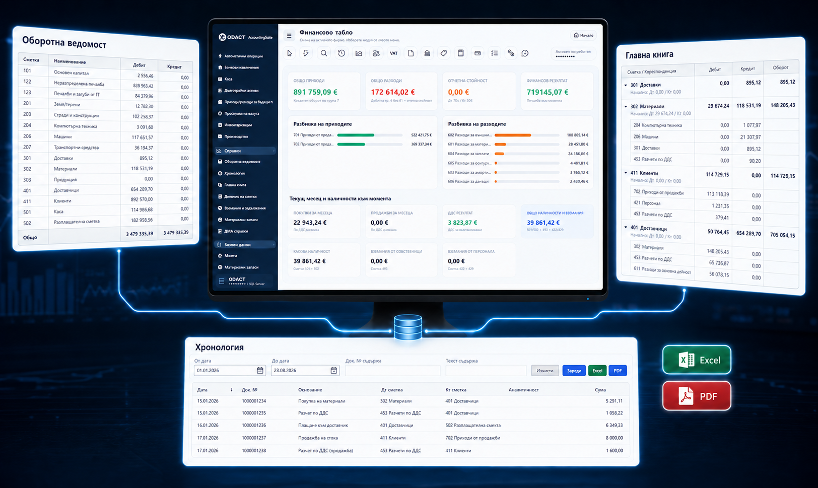Финансово табло, оборотна ведомост, главна книга и хронология в ODACT AccountingSuite
