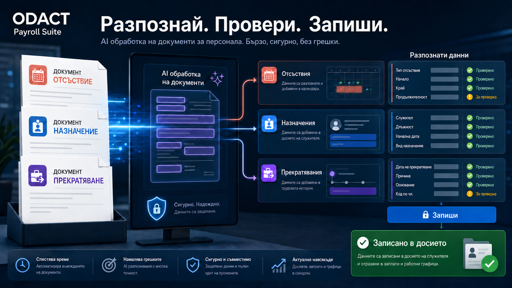 AI разпознаване на документи за отсъствие, назначение и прекратяване в ODACT PayrollSuite