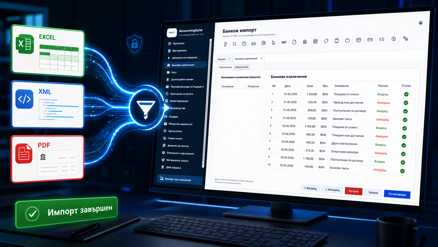Импорт на банкови извлечения от Excel, XML и PDF в ODACT AccountingSuite