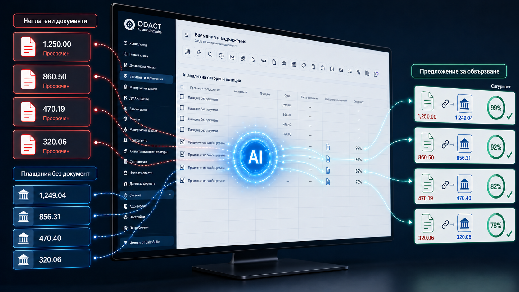 AI предложения за обвързване на плащания и документи в ODACT AccountingSuite